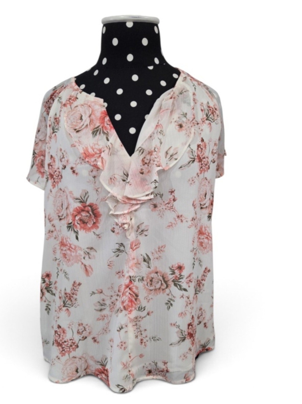 LOFT White Floral Ruffle V-Neck Blouse Size Small